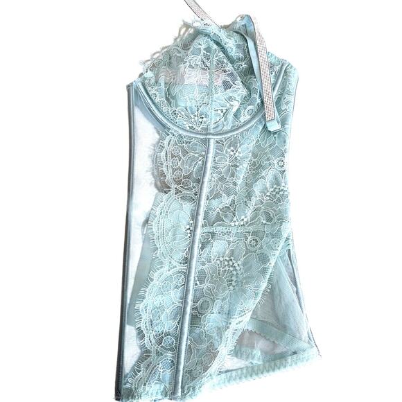 Victoria Secret Lingerie Bustier Corset XL Light Mint Blue Lace rhinestone Strap - Picture 7 of 10